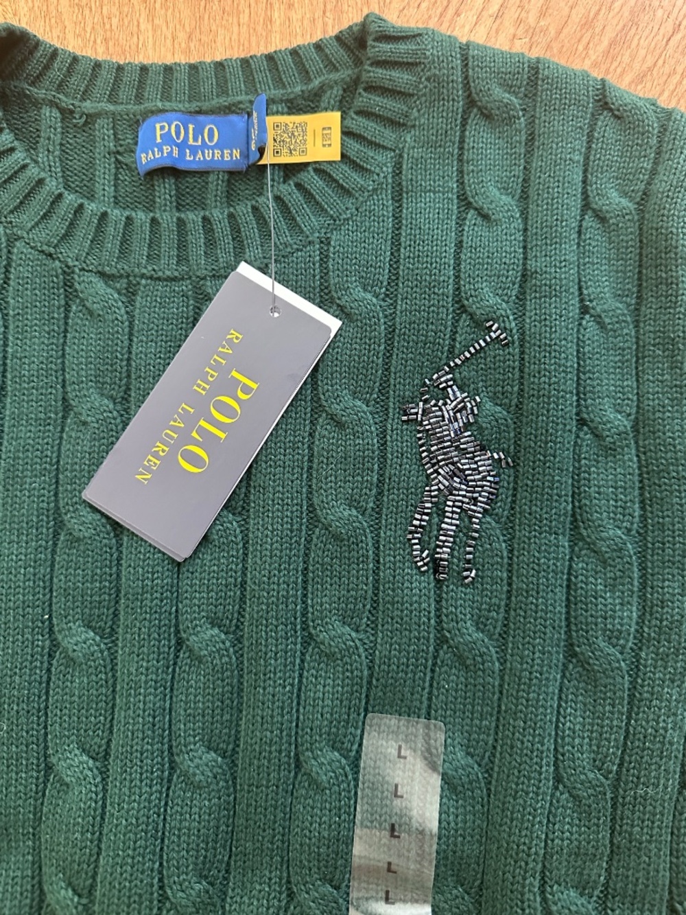 NWT Polo Ralph Lauren Retired Beaded Big Pony Cable Knit Short Sleeve Sweater L - Picture 6 of 11